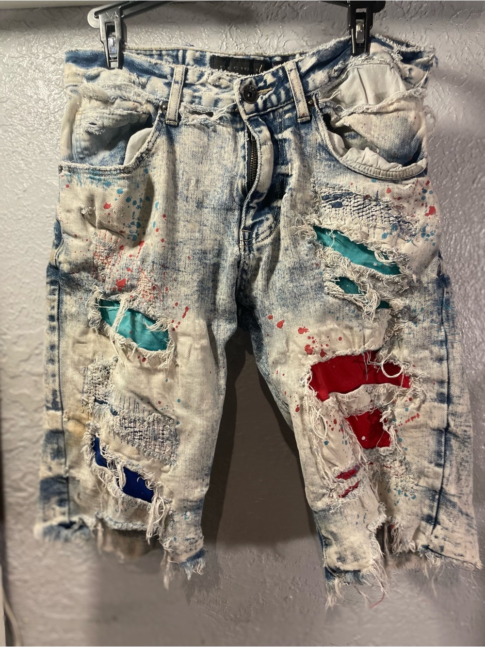 Men's Distressed Jean Shorts with Red & Teal Patch Accents
